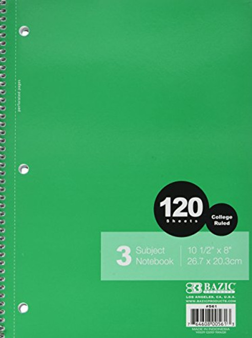 4 Pk, Bazic College Ruled 3-subject Spiral Notebook, 120 Sheets (Colors Will Vary)