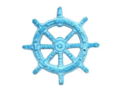 Hampton Nautical  Cast Iron Ship Wheel Bottle Opener, 3.75", Light Blue/Whitewashed