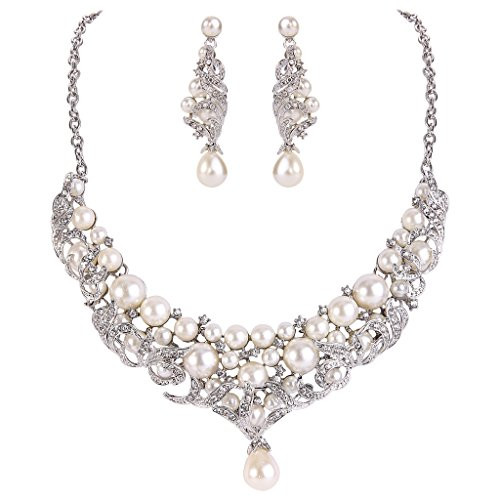EVER FAITH Cream Simulated Pearl Lots Leaf Necklace Earrings Set Clear Austrian Crystal Silver-Tone EVER FAITH Cream Simulated Pearl Lots Leaf Necklace Earrings Set Clear Austrian Crystal Silver-Tone