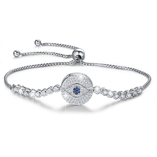 BAMOER 925 Sterling Silver Expandable Lucky Blue Evil Eye Chain Bracelet with Sparkling Cubic Zirconia for Women Style 12