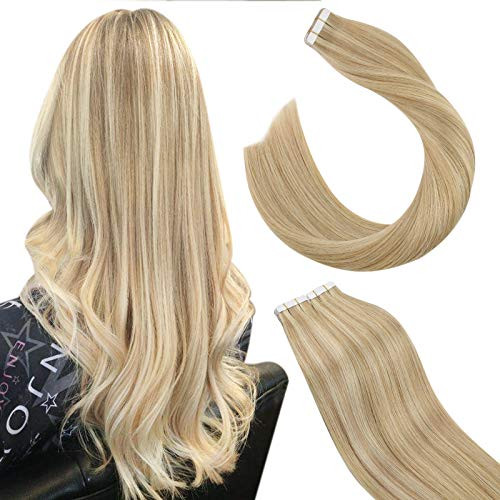 Ugeat Tape in Hair Extensions 12 Inch Human Hair Extensions Tape in Remy Hair 20pcs 30g Invisible Seamless Skin Weft Hair Extensions Tape in 27 Blonded Mixed with 613 Blonde Tape Ins
