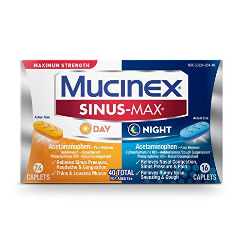 Mucinex Sinus-Max Maximum Strength Day and Night Sinus Symptom Relief Pain Reliever Expectorant Nasal Decongestant Antihistamine and Cough Suppressant 40 Caplets 24 Day  16 Night