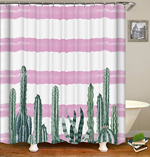 LIVILAN Pink Stripes Cactus Shower Curtain Set 70.8" x 70.8", Mildew Mold Resistant Waterproof Polyester Fabric Bathroom Curtain