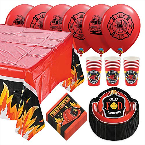 Firefighter Dessert Party Pack - Paper Plates Napkins Cups Table Cover and Balloons Set Serves 16 Firefighter Dessert Party Pack - Paper Plates Napkins Cups Table Cover and Balloons Set Serves 16