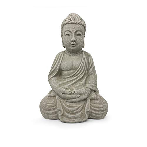 Elly Décor Meditating 13 inch Tall Ceramic Handcrafted Budha Decor Indoor and Outdoor Garden Sculptures Buddha Statue Gray Cement Stone