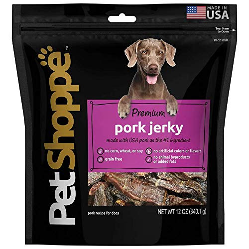 PetShoppe Premium 100 Pork Jerky Dog Treats Made in USA Only All Natural - No Fillers Additives or Preservatives 12oz