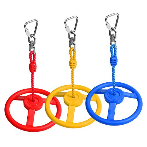 3-Pack Ninja Wheel Obstacle for Kids Jungle Gym Monkey Wheel Course Easily Attaches to Ninja - Blue Red  and  Yellow Color Swing Wheel in set The Prefect Addition to Your Outdoor Play Equipment