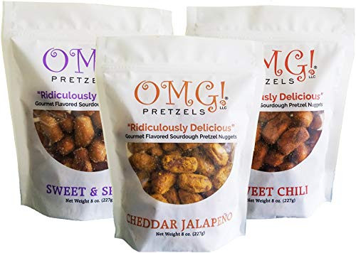 OMG Pretzels Spicy Flavors Variety Pack of 3 Gourmet Flavored Sourdough Pretzel Nuggets 8 Ounce Bags - Sweet  and  Spicy Cheddar Jalapeno  and  Sweet Chili