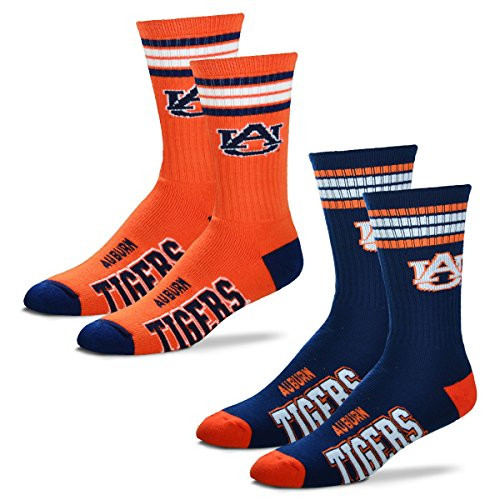 For Bare Feet Mens 4 Stripe Deuce Crew Socks-Auburn Tigers-Large-2 Pack