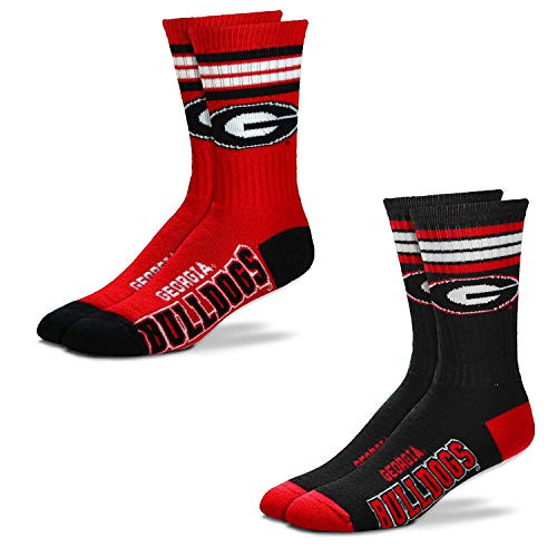 For Bare Feet Mens NCAA 2-Pack-4 Stripe Deuce Crew Socks-Size Large and Medium Georgia Bulldogs-2 Pack-Black  and  Red Large 10-13