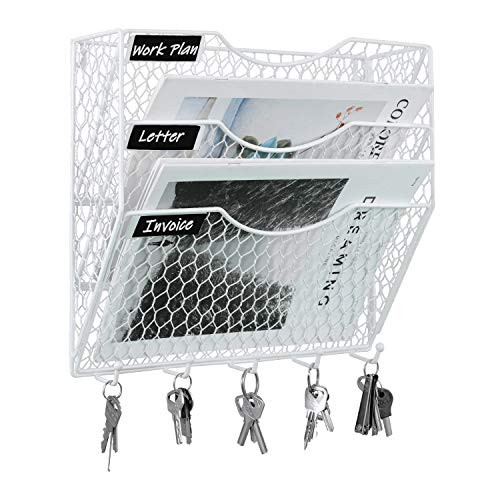 PAG Hanging Wall File Holder Mail Organizer Metal Chicken Wire Document Rack with 5 Hooks 3-Tier White