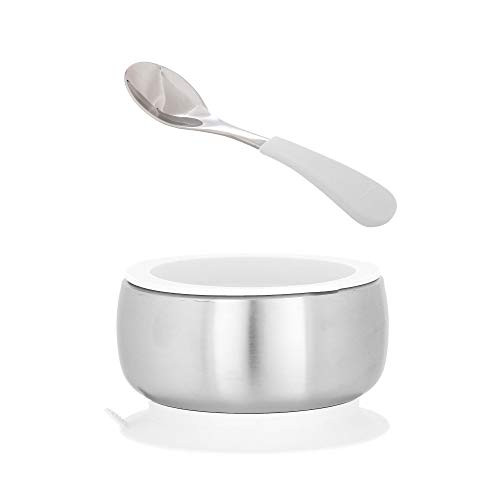 Avanchy Baby Stainless Steel Suction Bowl  and  Spoon - Stainless Steel Kids Bowls - Suction Bowls With Lids - Silicon Suction - Stay Put Bowl White