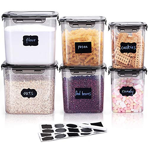 LARDERGO Cereal Container 6 Pieces Plastic Flour Storage Containers BPA Free Food Storage Containers with Lids Airtight for Sugar and Spaghetti - 20 Labels
