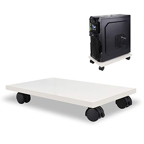 Mobile CPU Stand with 4 Rolling Wheels Bamboo PC Case Rack CPU Case Protecting Shelf Under DeskWhite