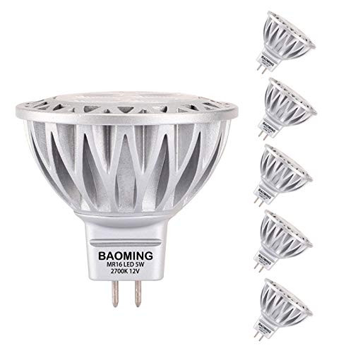 BAOMING MR16 LED Bulb 5W 50 Watt MR16 Halogen Equivalent 2700K Soft Warm White12V Low Voltage Landscape Lighting Track Lighting GU5_3 Base 38° Light Not-Dimmable 6-Pack
