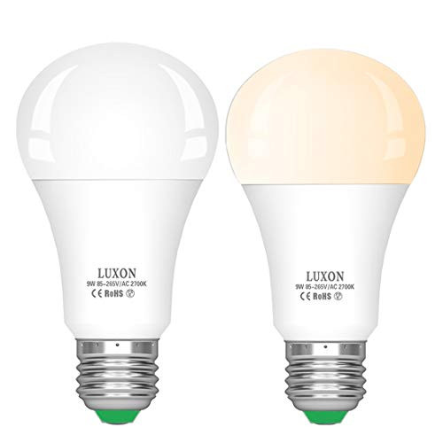 Sensor Light Bulbs Dusk to Dawn LED Bulbs Auto On/Off 9W 850 Lumen Smart Light Bulb E26/E27 Base 2700k Warm White for Indoor/Outdoor Porch Garage Patio Basement Pack of 2 by LUXON Sensor Light Bulbs Dusk to Dawn LED Bulbs Auto On/Off 9W 850 Lumen Smart Light Bulb E26/E27 Base 2700k Warm White for Indoor/Outdoor Porch Garage Patio Basement Pack of 2 by LUXON