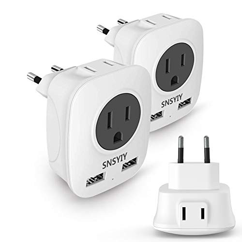European Travel Plug Adapter 4 in 1 International Power Plug with 2 USB Outlet Adaptor Charger for US to Most of Europe EU Spain Iceland Italy France Germany 1-Pack for Europe
