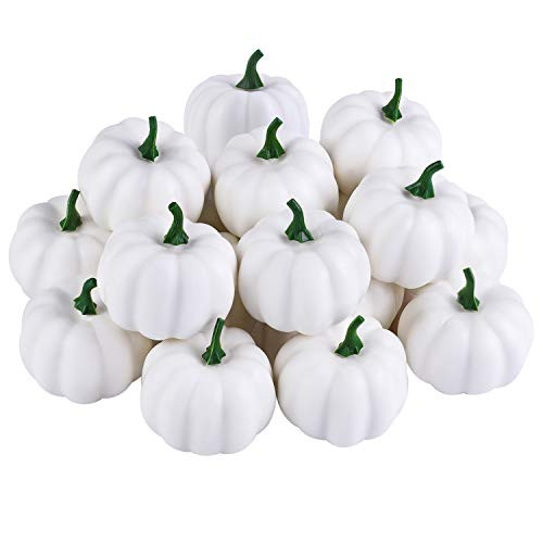 ADXCO 16 Pack Mini Artificial Pumpkin Fake Small Pumpkins Fall Harvest Pumpkins Lifelike Foam Pumpkins Realistic Pumpkin for Halloween Thanksgiving Home Garden Decor White