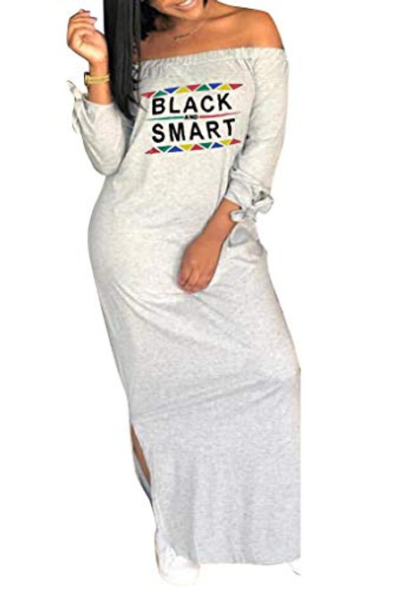Women Plus Size Off Shoulder Long T-Shirt Loose Sides Split Letter Print Maxi Dress Long Sleeves with Bowknot Long Dress Light Grey S