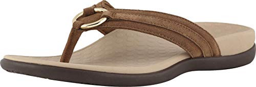 Vionic Womens Tide Aloe Toe-Post Sandal - Ladies Flip- Flop with Concealed Orthotic Arch Support Toffee Suede 12 Medium US