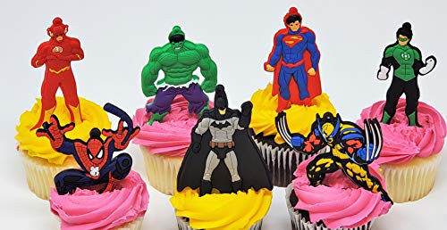 Comic Book Super Hero Birthday Cupcake Cake Party Favor Set Featuring Iconic Super Hero Characters