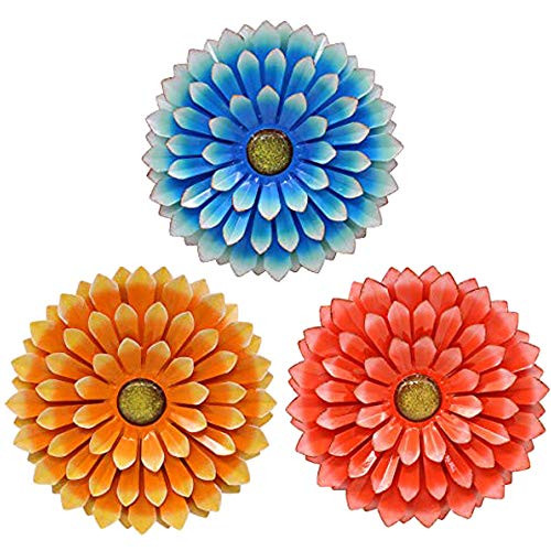 LIMEIDE Large Metal Flower Garden Wall Decor Outdoor Hanging Decoration Iron Floral Wall Art for Balcony Patio Porch Bedroom Living Room Office 14_2 inches 3packBlue and Orange and Red