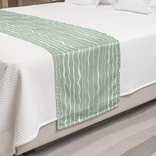 Lunarable Nautical Bed Runner Pattern of Hand Drawn Waves with Boats Floating Decorative Accent Bedding Scarf for Hotels Homes and Guestrooms King Green White
