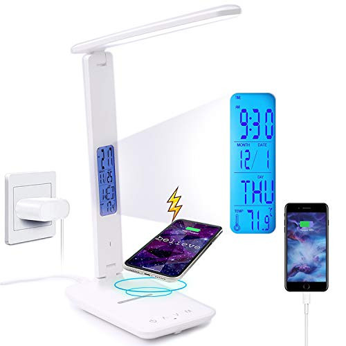LED Desk Lamp with 10w Fast Wireless Charger Eye-Caring Foldable ?Touch Control Table Light with Clock Alarm Date Temperature Function_ Dimmable 3 Lighting Modes 5 Brightness Levels for Home Office