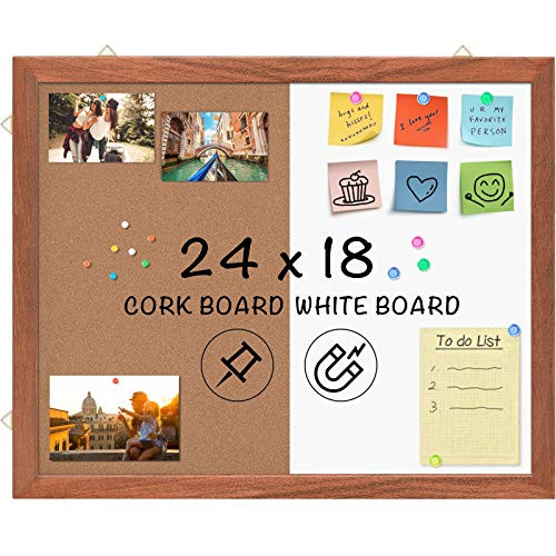 Wood Frame Combo Board Dry Erase Cork Board Combination Magnetic Whiteboard  and  Bulletin Board 24 x 18 inches Combo Dry Erase Board Hanging Message Board Wall Mounted for Decor Home Office Classroom