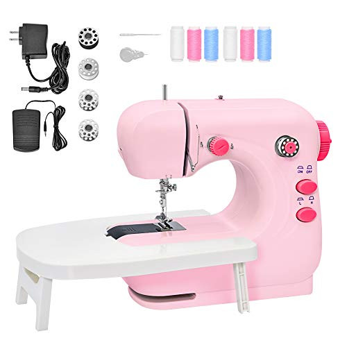 Mini Sewing Machine Portable Electric Sewing Machine for Beginners Lightweight Repairing Tailor Machine with Extension Table Lighting Function Foot Pedal Bobbins Threader PINK