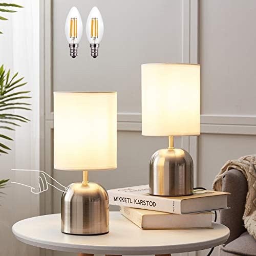 Touch Small Table Bedside Lamp Bedroom Lamps with 3-Way Dimmable Bedside Lamps White Fabric Shade Brushed Nickel Touch Lamps for Bedroom Living Room 2pcs Dimmable LED Bulbs Included Set of 2