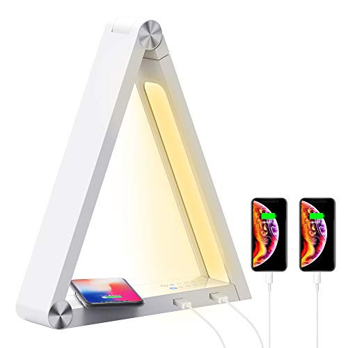 LED Desk Lamp with Wireless Charging  and  2 USB Charging Ports Eye-Caring Table Lamps Dimmable Office Lamp 3 Lighting Modes 25 Brightness Levels Touch Control Triangle Shape White