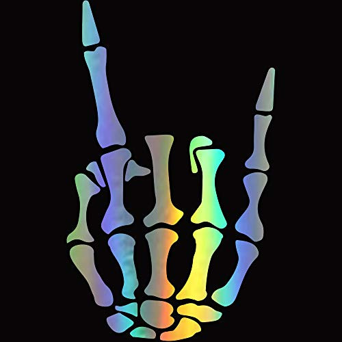 HungMieh Rock on Skeleton Hand Sticker_ Rock N Roll Sticker_ Skull Decal and Stickers for Car Hood_ Window_ Truck_ SUV  8 X 4_8 Inch  Holographic