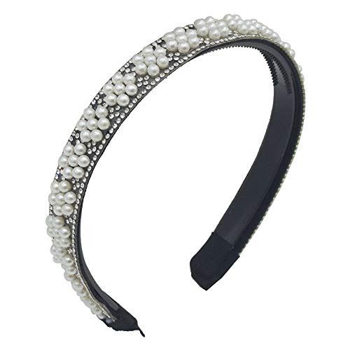 MHDGG Pearl Headband for Women Girls_White Faux Pearl Crystal Rhinestone Hairbands Bridal Hair Hoop Elegant Bling Hairpins Headwear Barrette Styling T
