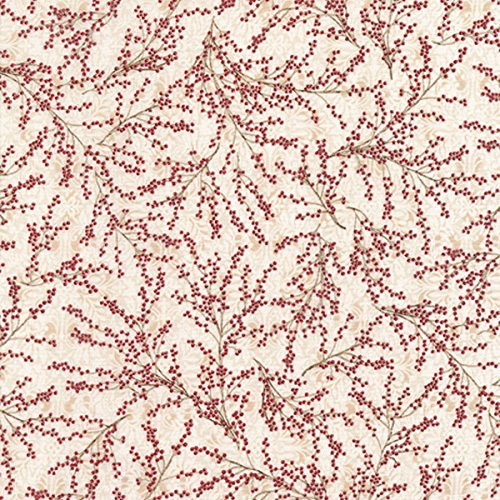 Timeless Treasures White Christmas Holly Berries Metallic Fabric by the Yard, Cream