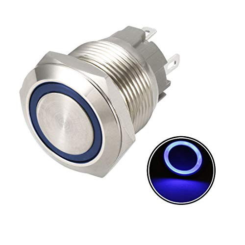 uxcell Momentary Metal Push Button Switch 19mm Mounting Dia 1NO 24V Ring Sign Blue LED Light 1pcs