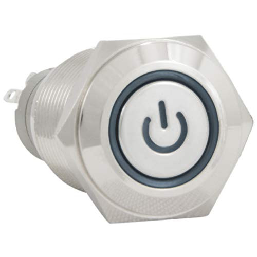 JacobsParts Latching Maintained Pushbutton ONOFF Switch Circular Metal Silver with Blue Power Symbol Light fits 58 inch   16mm  Diameter Panel Cutout Hol