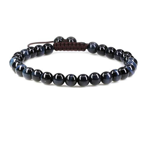 Natural Blue Tiger Eye Gemstone 6mm Round Beads Adjustable Braided Macrame Tassels Chakra Reiki Bracelet