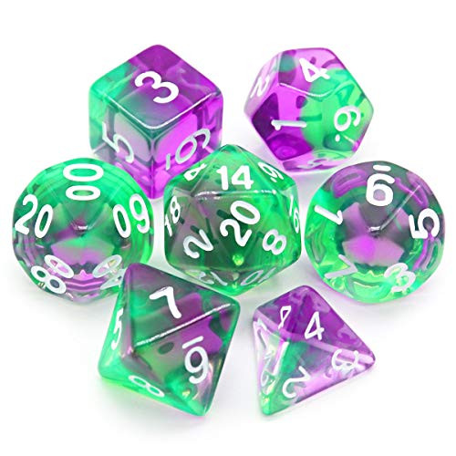 Haxtec 7PCS DND Dice Set Polyhedral D and D Dice of D20 D12 D10 D8 D6 D4 for Dungeons and Dragons TTRPG Games  Green Purple