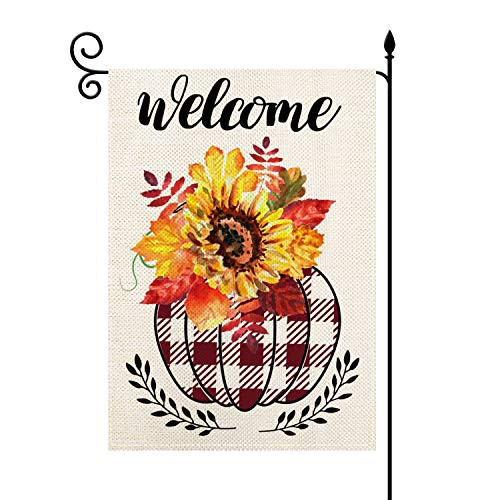 YaoChong Welcome Pumpkin and Sunflower Garden Flag Vertical Double Sized 12_5 x 18 Inch_Buffalo Check Plaid Seasonal Farmhouse Summer Autumn Fall Holi YaoChong Welcome Pumpkin and Sunflower Garden Flag Vertical Double Sized 12_5 x 18 Inch_Buffalo Check Plaid Seasonal Farmhouse Summer Autumn Fall Holi