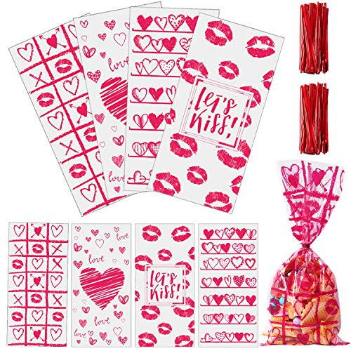 Aneco 100 Pack Valentines Cellophane Bags 4 Styles Valentine Candy Cookie Bags Plastic Valentines Gift Bags Cellophane Bags with Twist Ties for Vale