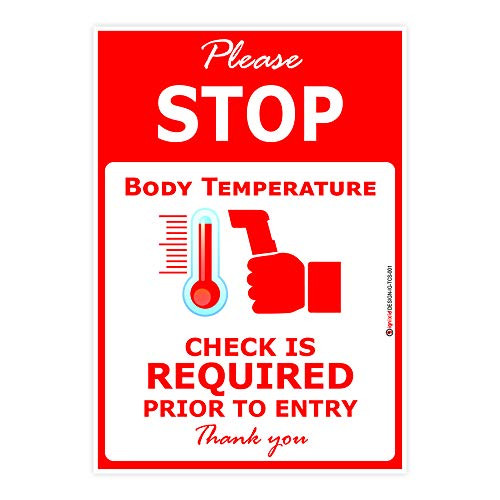 IGNIXIA Pack of 02 Please Stop Body Temperature check required stickers_ Social Distancing Sign_ 7x10 Inches_ Stop Temperature Check Station Sign Deca