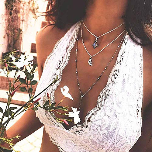 Jovono Bohemian Multi _ Layer Necklace with Moon Pendant For Women and Girls