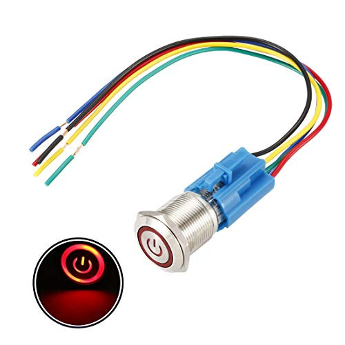 uxcell Momentary Metal Push Button Switch 19mm Mounting Dia 1NO 1NC 12V Red LED Light with Socket Plug Wires