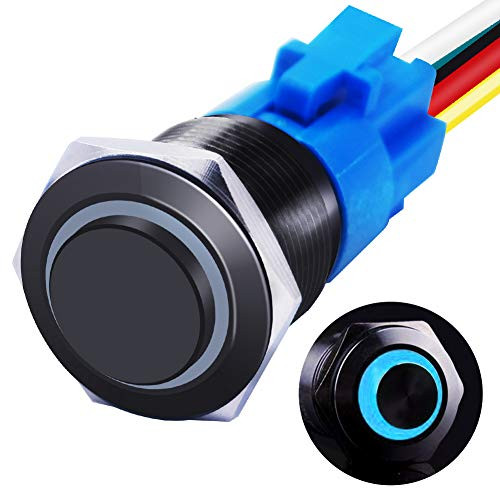 mxuteuk 16mm High Round Cap Momentary Push Button Switch 1 NO 1 NC SPDT ONOff Black Metal Shell with 12v Blue LED Ring with Wire Socket Plug Suitable