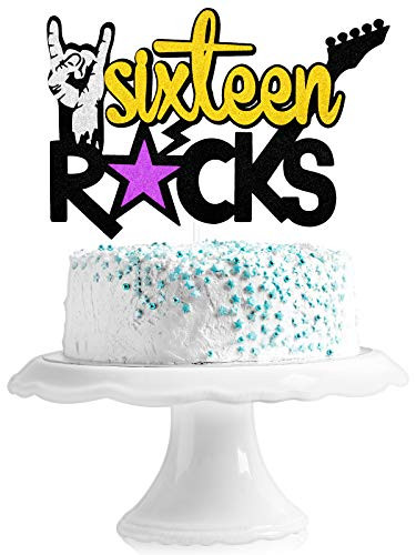 Sixteen Rocks Birthday Cake Topper _ Rock and Roll Music Theme Party Glitter Guitar Cake Decor _ Rock On 16th Birthday Party Decoration