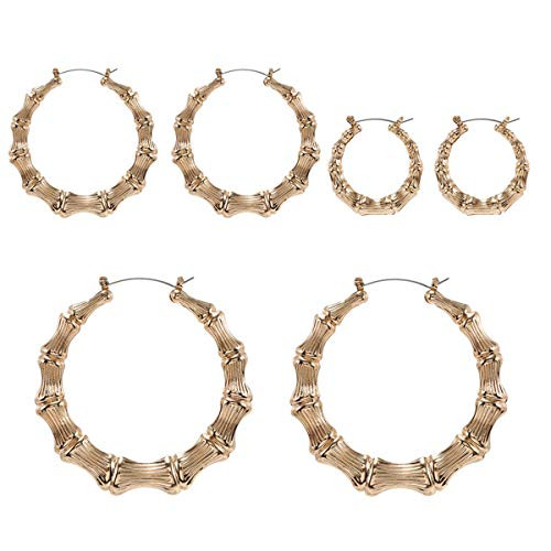 3 Pairs Gold Tone Large Bamboo Style Hoop Earrings for Women Girls Round Circle Statement Hip_Hop Earrings_gold