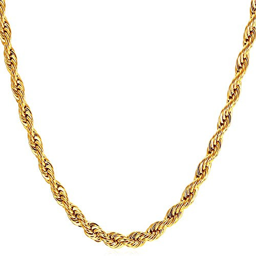 U7 Men Women 18K Gold Plated 3mm Rope Chain Necklace 18 Inch_ Wear Alone or Match Pendant