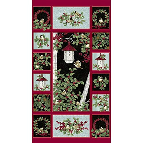 Benartex Metallic Festive Chickadees 24in Panel Multi Quilt Fabric