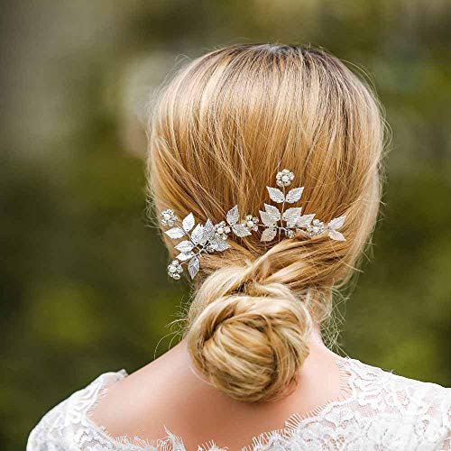 Jovono Bride Wedding Hair Pins Leaf Hair Accessories Crystal Bridal Headpiece with Pearl for Women and Girls Pack of 2   Silver Jovono Bride Wedding Hair Pins Leaf Hair Accessories Crystal Bridal Headpiece with Pearl for Women and Girls Pack of 2   Silver